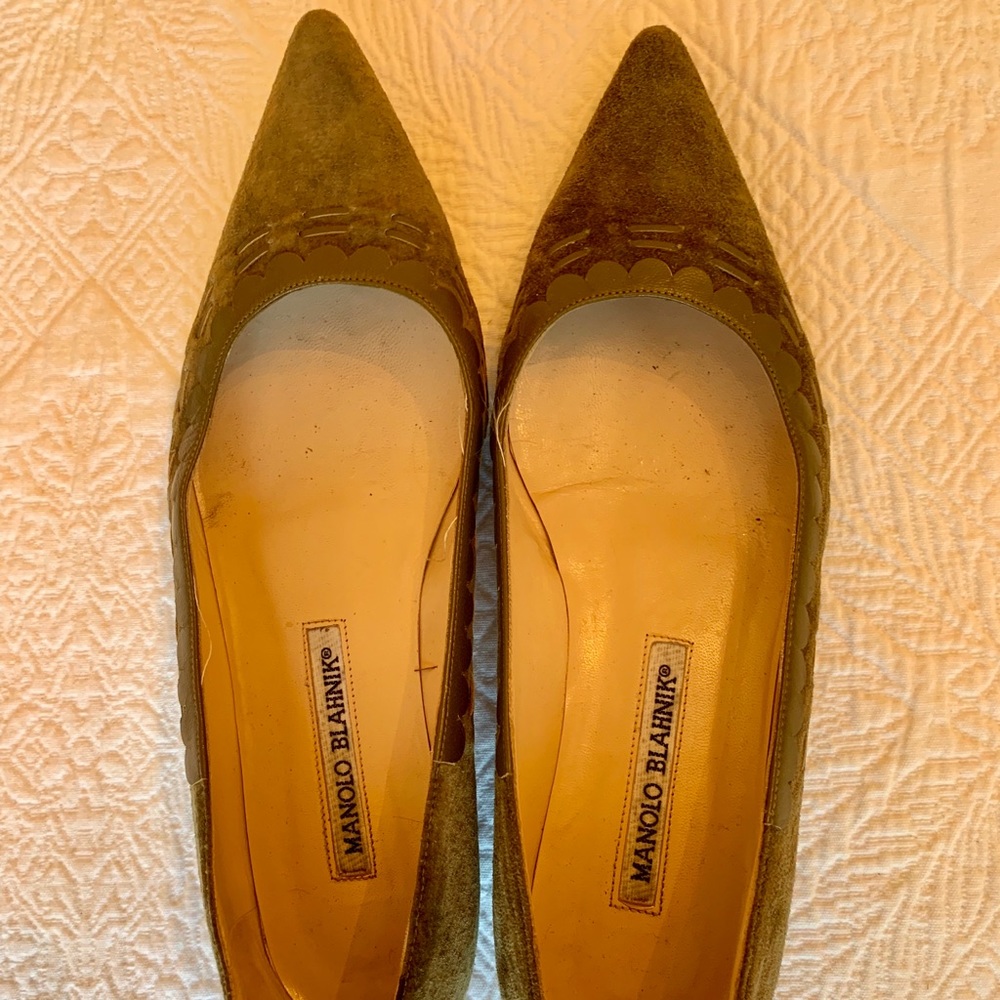 Manolo Blahnik Olive Green Suede Flats